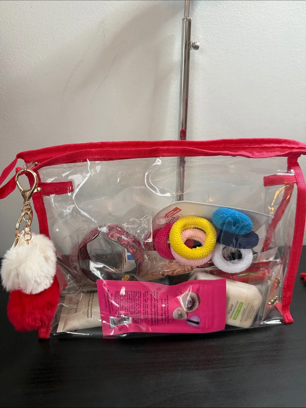 Clear Makeup Bag with Pom Keychain